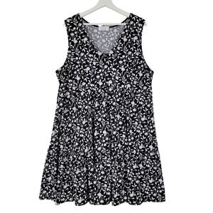 Kaileigh Tiered Sleeveless V-Neck Dress Women 2X Black White Floral Knit